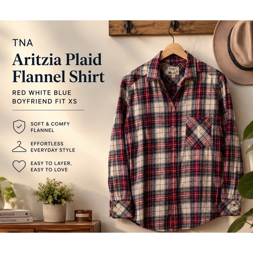 TNA Aritzia Plaid Flannel Button Down Shirt Red White‎ Blue Boyfriend Fit XS